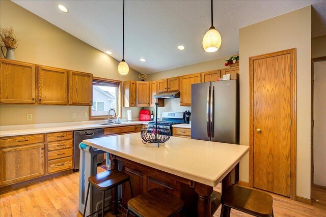 182 Ames St, Oregon, WI 53575 - kitchen featuring stainless steel appliances, under cabinet range hood, a sink, a kitchen breakfast bar, and lofted ceiling
