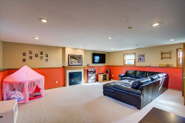 182 Ames St, Oregon, WI 53575 - carpeted living area with recessed lighting and a glass covered fireplace