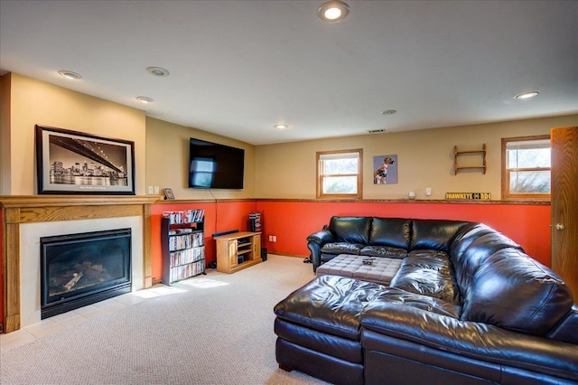 182 Ames St, Oregon, WI 53575 - living room with a fireplace with flush hearth, recessed lighting, and carpet floors