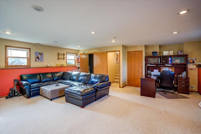 182 Ames St, Oregon, WI 53575 - living room with carpet floors, plenty of natural light, a desk, recessed lighting, and stairs