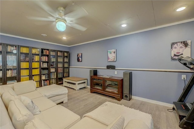 17690 Clayton Ave, Rosemount, MN 55068 - living room with a ceiling fan, wood finished floors, baseboards, ornamental molding, and recessed lighting