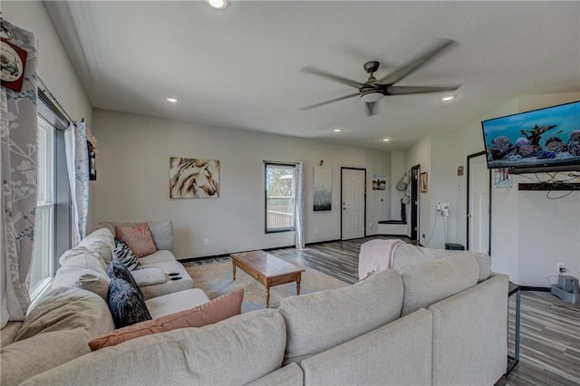 17690 Clayton Ave, Rosemount, MN 55068 - living room featuring ceiling fan, wood finished floors, baseboards, and recessed lighting