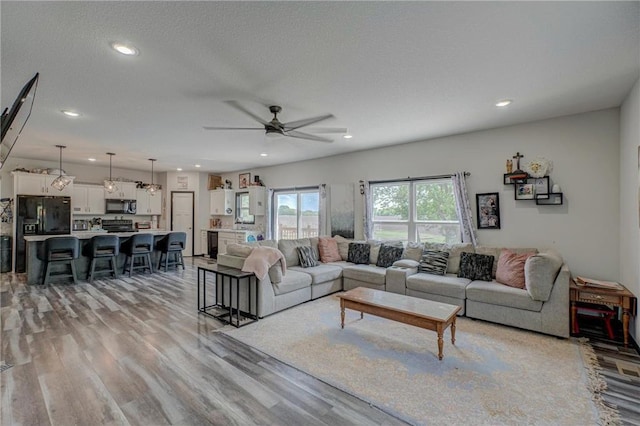 17690 Clayton Ave, Rosemount, MN 55068 - living area featuring light wood finished floors, a ceiling fan, recessed lighting, and a textured ceiling