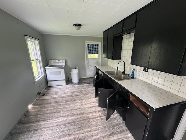 30728 113th St, Wilmot, WI 53181 - kitchen with white range with electric cooktop, a sink, dark cabinets, tile countertops, and ornamental molding