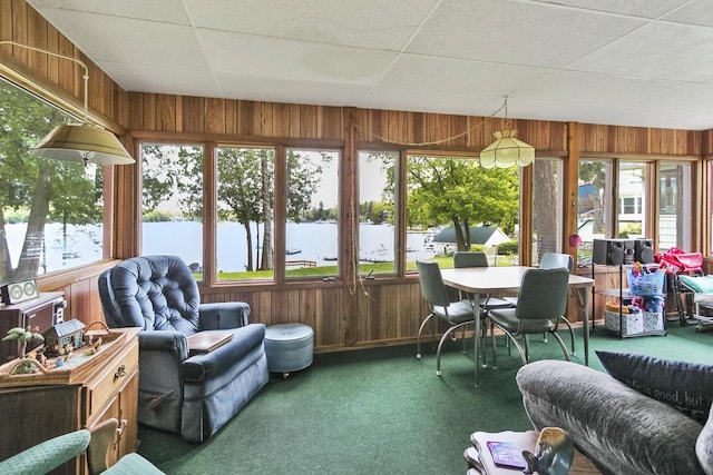 N7428 County Road J, Plymouth, WI 53073 - sunroom / solarium featuring wooden walls, carpet, a drop ceiling, and a water view