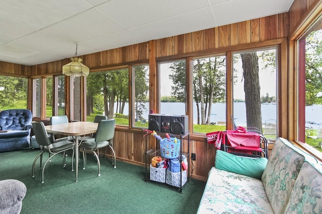 N7428 County Road J, Plymouth, WI 53073 - sunroom / solarium featuring a water view, wood walls, carpet floors, and plenty of natural light