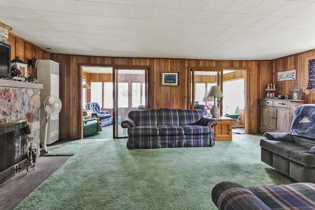 N7428 County Road J, Plymouth, WI 53073 - living room with carpet flooring, wooden walls, and a fireplace