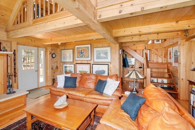 3610 N Shore Rd, La Pointe, WI 54850 - living area featuring wood walls, wood ceiling with exposed beams, and wood finished floors