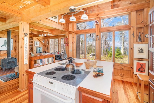 3610 N Shore Rd, La Pointe, WI 54850 - kitchen featuring white electric stove, light wood-style flooring, a wood stove, wooden walls, and healthy amount of natural light
