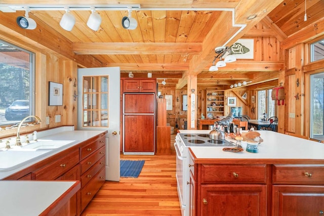 3610 N Shore Rd, La Pointe, WI 54850 - kitchen featuring light wood-style flooring, wood ceiling with exposed beams, a sink, electric stove, and light countertops