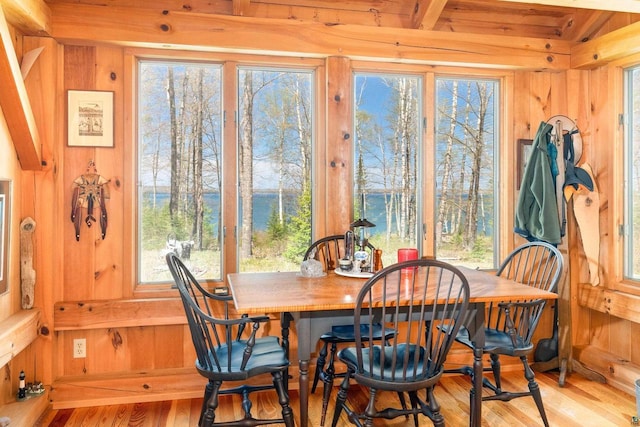 3610 N Shore Rd, La Pointe, WI 54850 - dining space featuring wooden walls, wood finished floors, and healthy amount of natural light