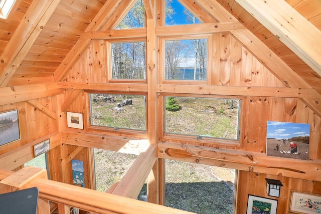 3610 N Shore Rd, La Pointe, WI 54850 - detailed view of wood ceiling with exposed beams and wood walls