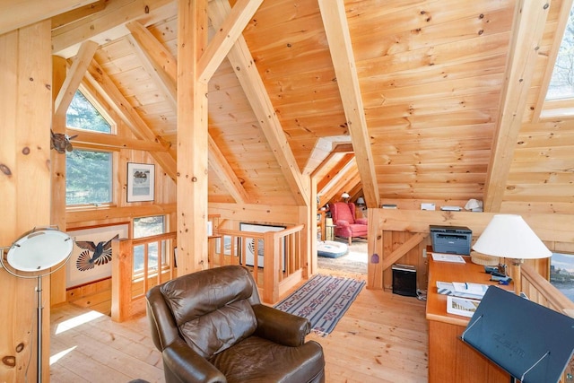 3610 N Shore Rd, La Pointe, WI 54850 - sitting room with wooden ceiling, light wood-style floors, wooden walls, and an upstairs landing