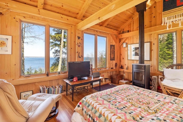 3610 N Shore Rd, La Pointe, WI 54850 - bedroom with a wood stove, multiple windows, wood walls, wood finished floors, and wood ceiling