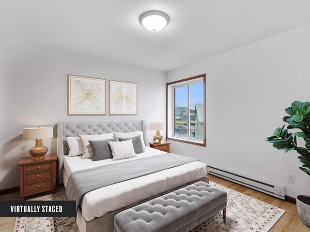 bedroom featuring baseboard heating, wood finished floors, and baseboards