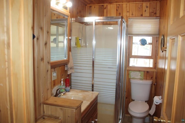 65485 Millicent Point Dr, Iron River, WI 54847 - full bath featuring wood walls, toilet, vanity, and a shower with door