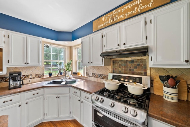 1755 Laura Ln, Port Washington, WI 53074 - kitchen featuring stainless steel gas range, under cabinet range hood, a sink, white cabinets, and tasteful backsplash
