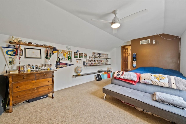 1755 Laura Ln, Port Washington, WI 53074 - bedroom featuring carpet floors, vaulted ceiling, a ceiling fan, and baseboards