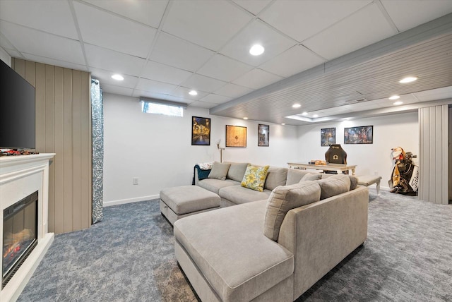 1755 Laura Ln, Port Washington, WI 53074 - living area with carpet, a drop ceiling, recessed lighting, and a glass covered fireplace