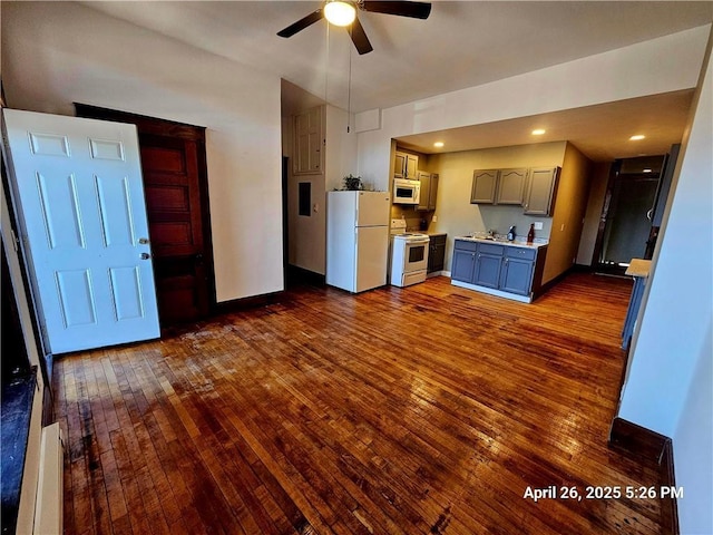 23716 Washington St # 1/ # 2, Independence, WI 54747 - kitchen featuring white appliances, dark wood finished floors, ceiling fan, and light countertops
