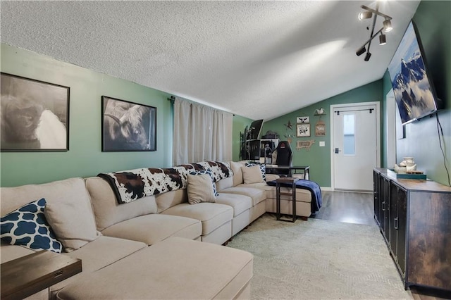 W4505 890th Ave, Baldwin, WI 54002 - living room with vaulted ceiling, a textured ceiling, baseboards, and rail lighting