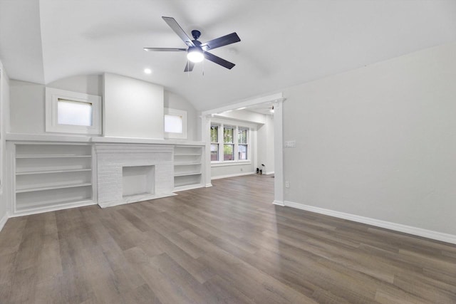 2976 N 40th St, Milwaukee, WI 53210 - unfurnished living room with ceiling fan, baseboards, lofted ceiling, a fireplace, and wood finished floors