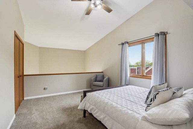 874 Xanadu Rd, Wisconsin Dells, WI 53965 - bedroom featuring carpet flooring, baseboards, lofted ceiling, and ceiling fan
