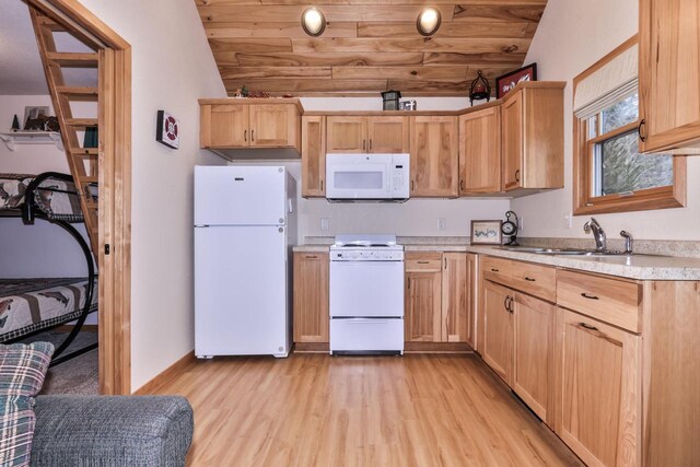 W3789 Villa Bay Dr Unit 7, Tomahawk, WI 54487 - kitchen with white appliances, vaulted ceiling, a sink, wooden ceiling, and light brown cabinets