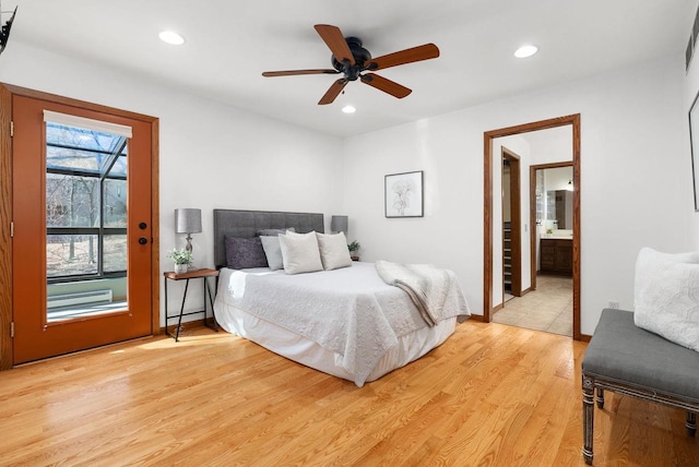 6208 Indian Mound Dr, Mcfarland, WI 53558 - bedroom with light wood-style flooring, recessed lighting, ensuite bath, ceiling fan, and baseboards
