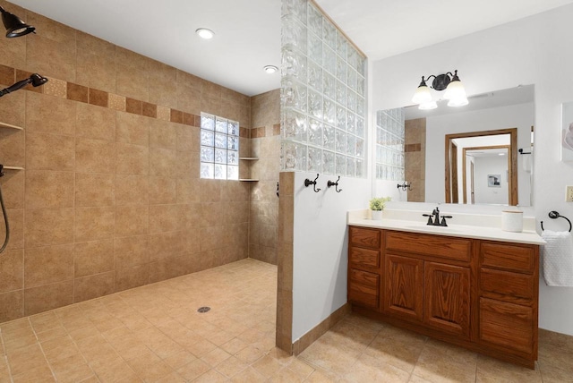 6208 Indian Mound Dr, Mcfarland, WI 53558 - full bathroom featuring a walk in shower, vanity, tile patterned flooring, and recessed lighting
