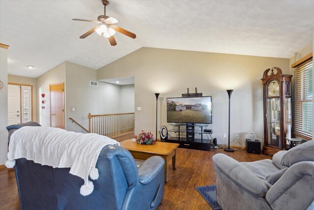 605 E Rime St, Orfordville, WI 53576 - living area featuring a ceiling fan, lofted ceiling, and wood finished floors