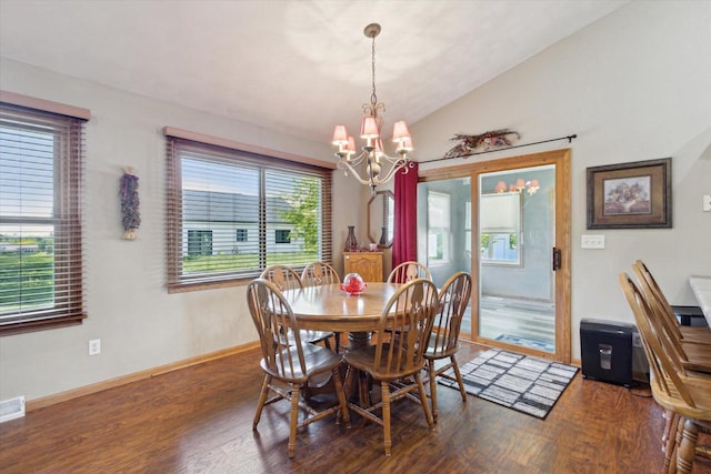 605 E Rime St, Orfordville, WI 53576 - dining area with a chandelier, wood finished floors, lofted ceiling, and baseboards