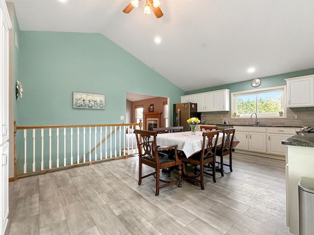 N2242 Keller Rd, Marinette, WI 54143 - dining space featuring a ceiling fan, light wood-style floors, high vaulted ceiling, and recessed lighting