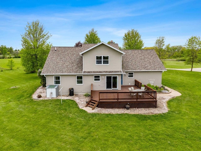 N3270 State Rd 76, Hortonville, WI 54944 - back of property with a chimney, a deck, a lawn, and a shingled roof