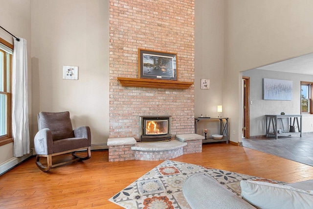 N3270 State Rd 76, Hortonville, WI 54944 - living room featuring a high ceiling, wood-type flooring, plenty of natural light, a fireplace, and baseboards