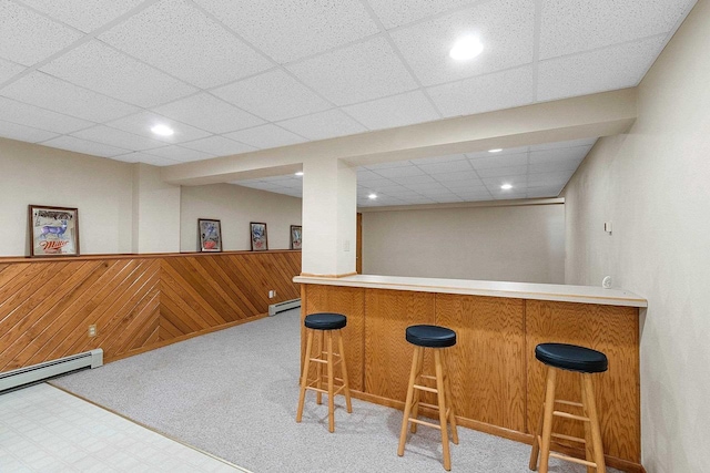 N3270 State Rd 76, Hortonville, WI 54944 - indoor bar featuring baseboard heating, a baseboard heating unit, a drop ceiling, recessed lighting, and wainscoting