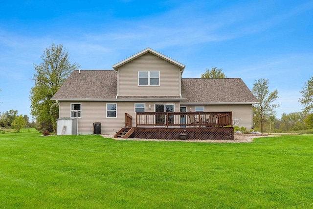 N3270 State Rd 76, Hortonville, WI 54944 - rear view of property with a wooden deck, a yard, cooling unit, and roof with shingles