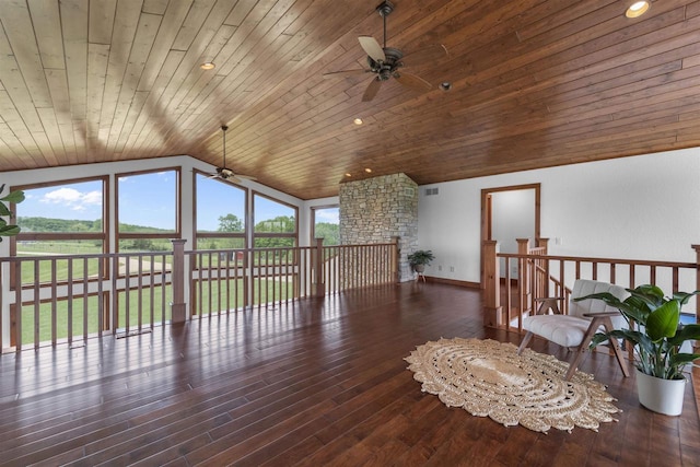 4230 Dalby Rd, Black Earth, WI 53515 - sitting room with a ceiling fan, wood ceiling, vaulted ceiling, wood-type flooring, and baseboards