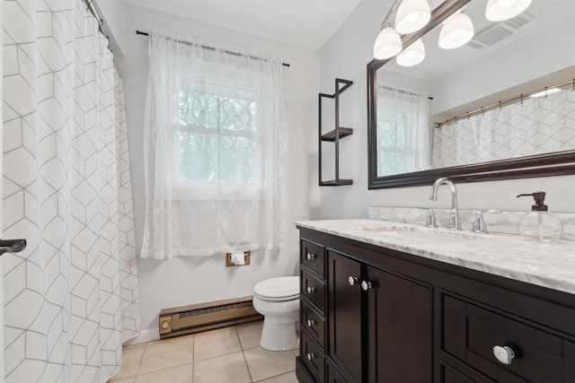 1089 Audrey Ct, North Fond Du Lac, WI 54937 - bathroom with a baseboard radiator, toilet, tile patterned floors, vanity, and a shower with curtain