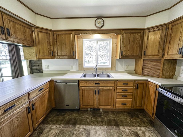 1200 4th Ave N, Park Falls, WI 54552 - kitchen with dishwasher, a sink, range with electric cooktop, brown cabinetry, and ornamental molding