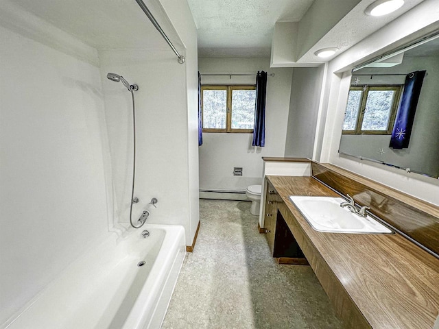 1200 4th Ave N, Park Falls, WI 54552 - bathroom featuring baseboard heating, toilet, vanity, washtub / shower combination, and a textured ceiling
