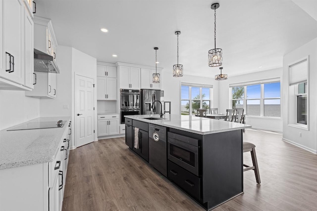 1150 S Bay Shore Rd, Brussels, WI 54204 - kitchen featuring under cabinet range hood, black appliances, dark cabinets, white cabinetry, and a sink