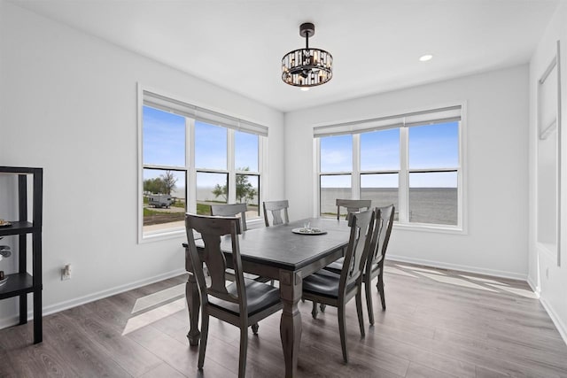1150 S Bay Shore Rd, Brussels, WI 54204 - dining area featuring a chandelier, wood finished floors, baseboards, and recessed lighting