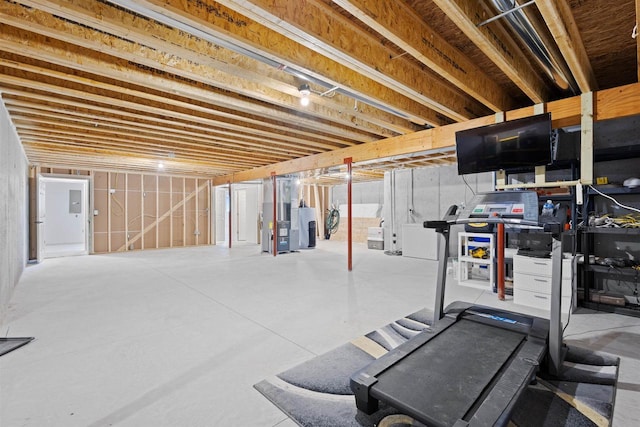 1150 S Bay Shore Rd, Brussels, WI 54204 - unfinished basement with water heater, heating unit, and electric panel