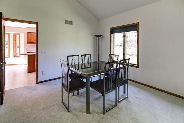 6460 Shady Bend Rd, Verona, WI 53593 - dining space with light colored carpet, baseboards, and high vaulted ceiling