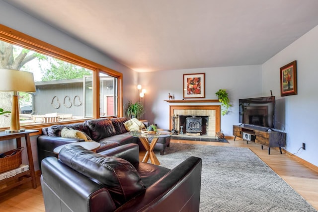5102 Marathon Dr, Madison, WI 53705 - living area with a fireplace with raised hearth, light wood-type flooring, and baseboards