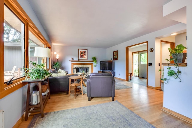 5102 Marathon Dr, Madison, WI 53705 - living room featuring light wood-type flooring, a tile fireplace, and baseboards
