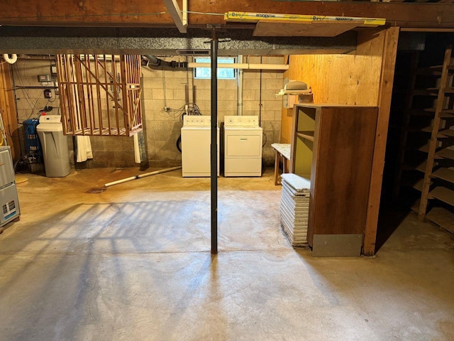 W12574 US Highway 45, Marion, WI 54950 - unfinished basement with washer and dryer, a water softener, and concrete block wall