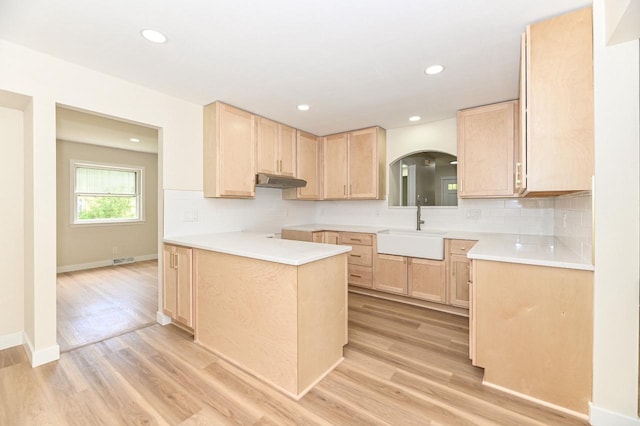 9530 W Debbie Ln, Milwaukee, WI 53224 - kitchen featuring light brown cabinets, a sink, decorative backsplash, under cabinet range hood, and recessed lighting