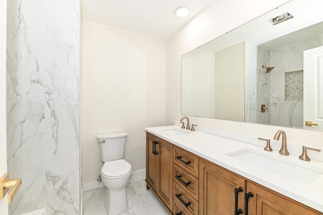 9530 W Debbie Ln, Milwaukee, WI 53224 - full bathroom with marble look tile flooring, double vanity, toilet, a marble finish shower, and baseboards